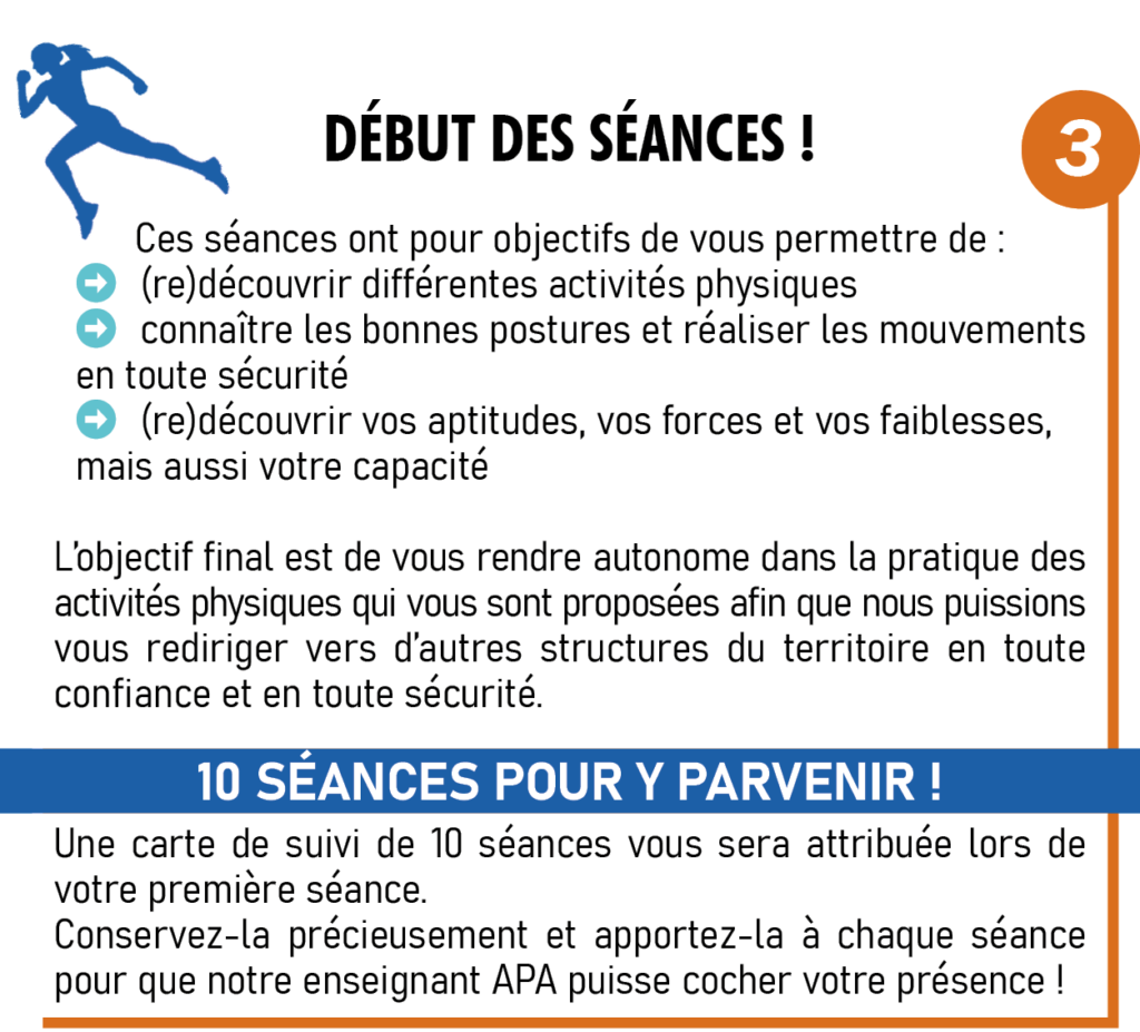 Début des séances destinées à vous rendre autonome dans la pratique des activités physiques.
