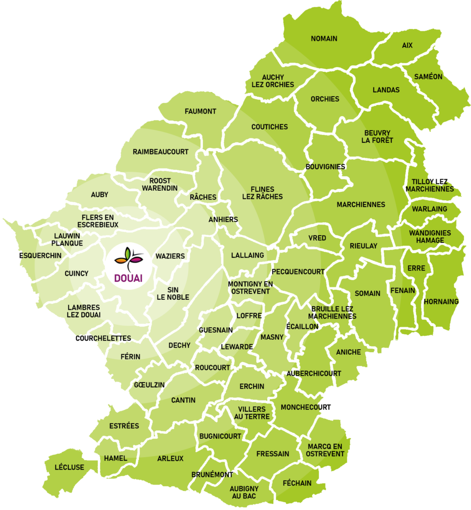 Le territoire d'intervention de la Plateforme Santé Douaisis s'étend sur les 64 communes qui composent l'arrondissement du Douaisis.
